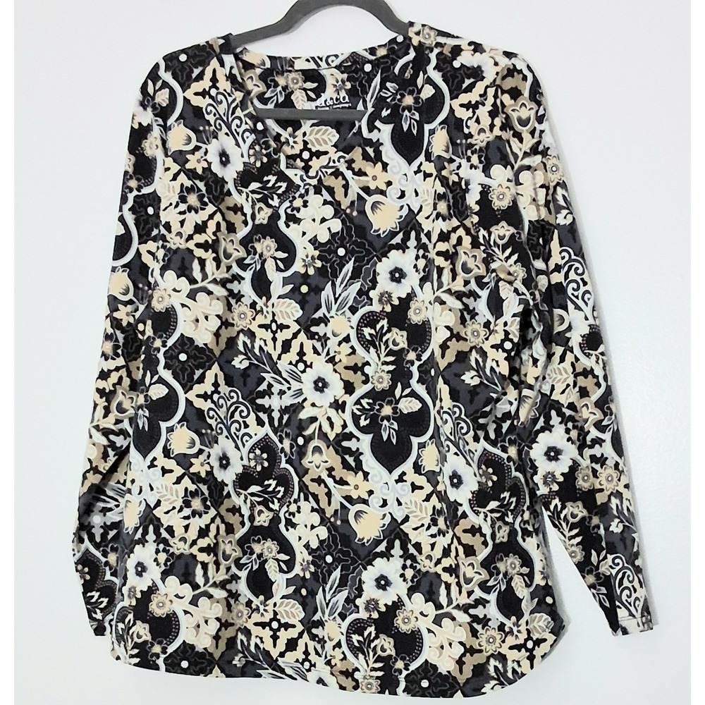Denim & Co. Printed Perfect Blouse Womens Size XL Black Floral V-Neck Pre-owned